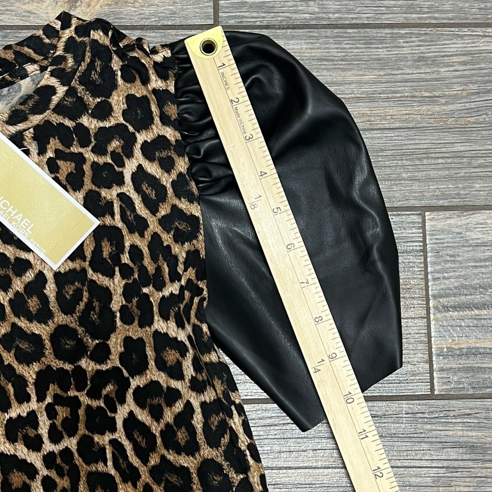 NWT Michael Kors Leopard Print Vegan Faux Leather Sleeve Top Shirt P/S Small - Picture 9 of 14